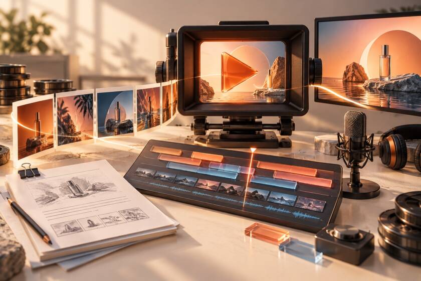 AI content production workflow with storyboards, a video editing timeline and studio microphone.