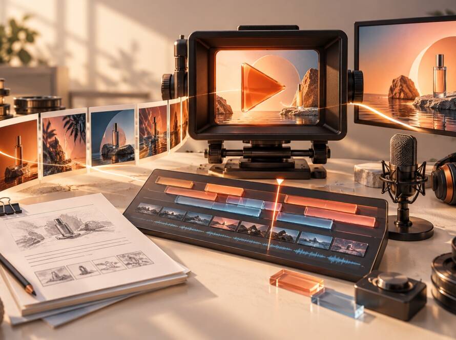AI content production workflow with storyboards, a video editing timeline and studio microphone.