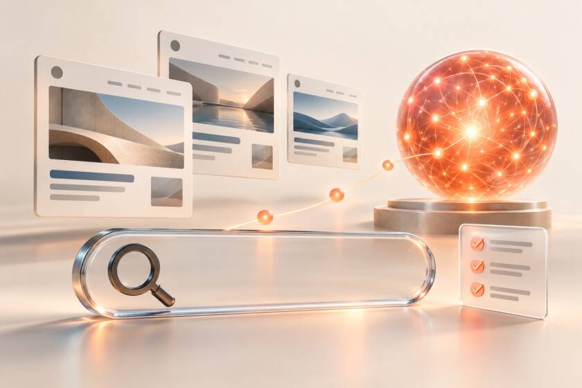 AI search optimization illustrated with a search bar, website result cards and connected intelligence