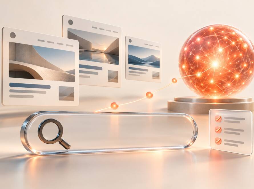 AI search optimization illustrated with a search bar, website result cards and connected intelligence