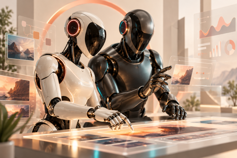 Modern AI agents collaborating on creative media and marketing workflows at DMB Agency