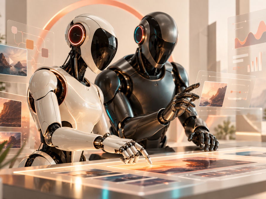 Modern AI agents collaborating on creative media and marketing workflows at DMB Agency